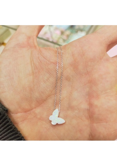 Oriental Kuyumculuk Jewellery Beyaz Opal Taşlı Kelebek Kolye Beyaz