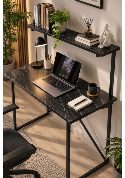 Sulorahome Raflı Ve Kitaplıklı Çalışma Masası Siyah Mermer Desenli Beyaz - Siyah Mermer Sulorahome Raflı Ve Kitaplıklı Çalışma Masası Siyah Mermer Desenli Beyaz - Siyah Mermer