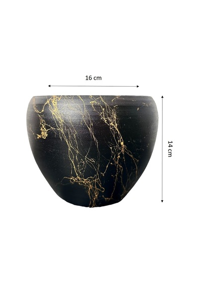 BİTKİ TASARIMI EV DEKORASYON SİYAH ÜZERİ GOLD MERMER EFEKTLİ TOPRAK SAKSI SAKSILIK SALON ÇİÇEKLİK - 15 CM