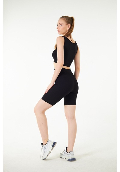 Thiff Gymwear Antrasit Yüksek Bel Toparlayıcı Kısa Şort Spor Fitilli Biker Tayt Siyah