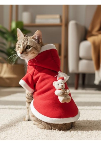 Bear Snow Kırmızı Xmas Kedi Kıyafeti Kapüşonlu Polar Noel Sweatshirt Küçük Irklar İçin