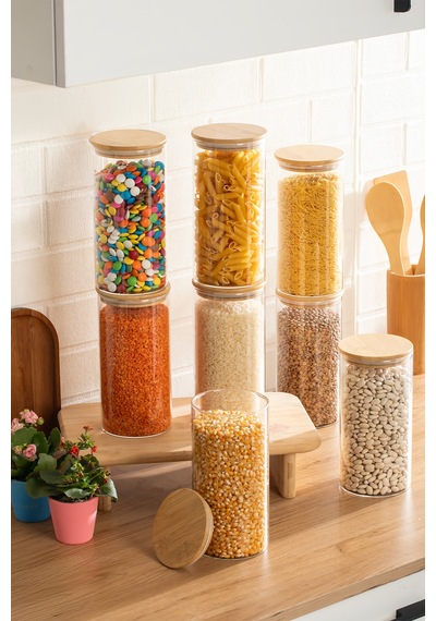Porsima 3-4 Bambu Borosilikat Vakumlu Kapaklı Yuvarlak Cam 8li Kavanoz Seti Saklama Kabı 1650ml 10x25cm