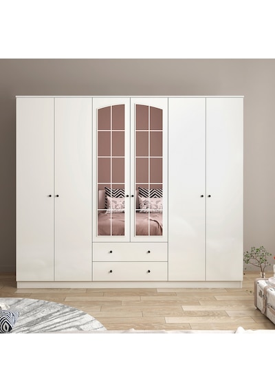 Rose 6 Kapak 2 Çekmece Aynalı Gardırop Beyaz