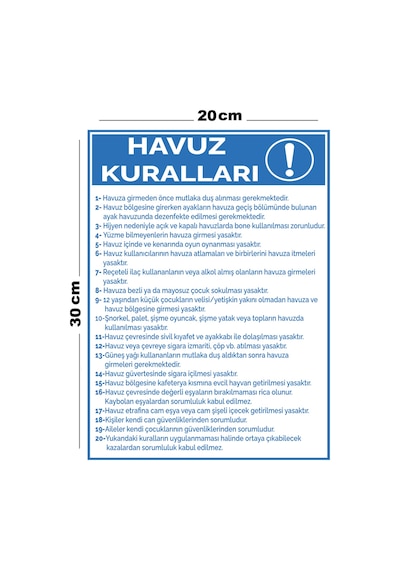 Metal Havuz Kuralları 20cm X 30cm A4 Büyüklüğünde Uyarı Levhası Yönlendirme Tabelası