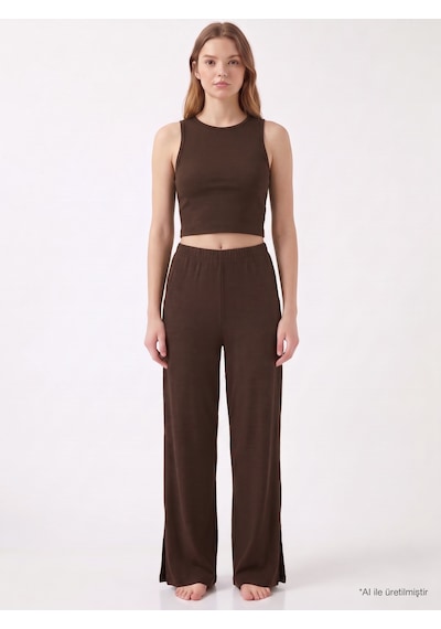 Cottonill Premium - Serene Collection Kahverengi Rib Dokulu Önden Bağlamalı Viskon 3'lü Kadın Pijama Takımı