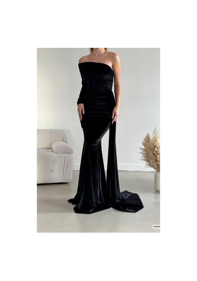 DefyModa Kadın Vintage Tek Omuz Kuyruklu Balık Kesim Abiye Elbise Siyah