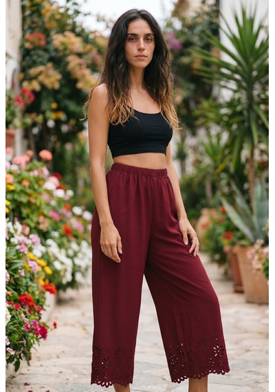 Soulshae Kadın Krep Beli Lastikli Çiçek Desenli Lazer Kesim Pantolon Bordo Soulshae Kadın Krep Beli Lastikli Çiçek Desenli Lazer Kesim Pantolon Bordo