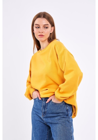Mmetalic Sarı Kadın Pamuklu Oversize Basic Bisiklet Yaka Sweatshirt 001