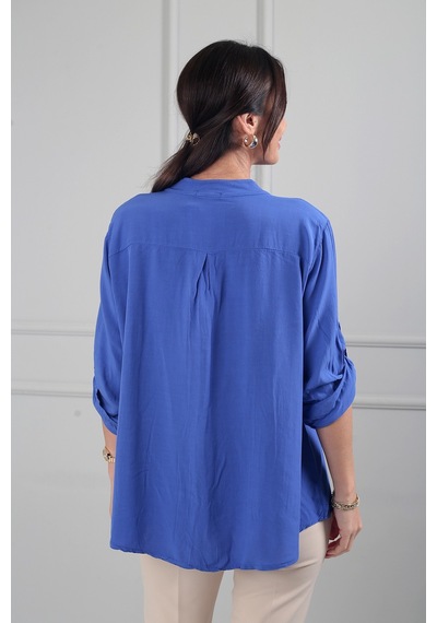 By Saygı Kadın Pul Detaylı Tek Cepli Oversize İthal Keten Gömlek Saks