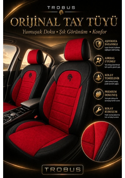 Toyota Aygo 2005-2021 Uyumlu Lion Serisi Kırmızı Siyah Oto Koltuk Kılıfı