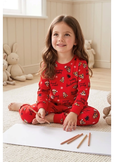 Zuzunga Kız Çocuk Yılbaşı Temalı Tiger Desenli Uzun Kollu Pijama Takımı Kırmızı