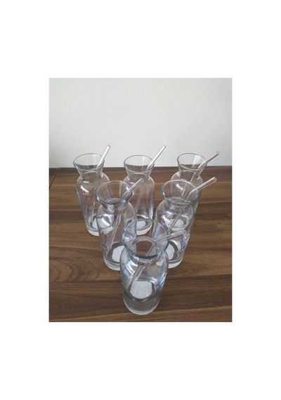 Village Cam Pipetli Meşrubat Bardağı Limonata Süt Şişesi Sunum Karaf 6 Adet Şeffaf