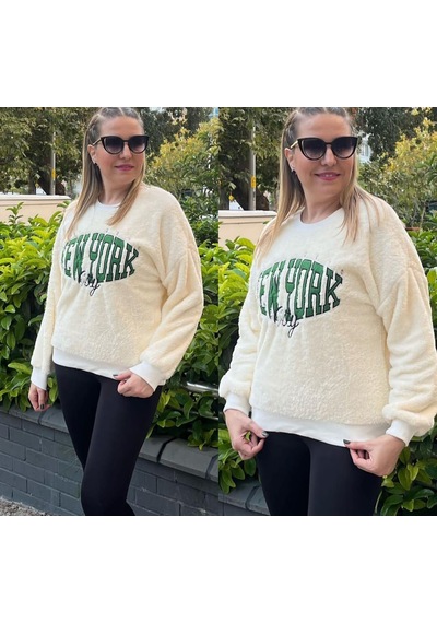 Welsoft New York Nakışlı Beyaz Peluş Sweatshirt Yazısı Yeşil Ekru - Yeşil