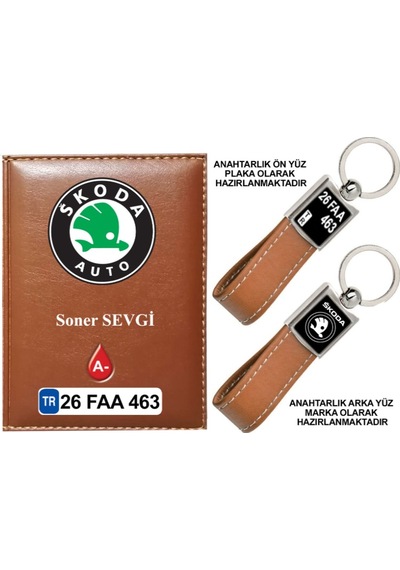Plakanıza Özel Skoda Logolu Taba Ruhsat Kabı Ve Anahtarlık