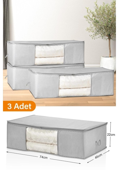 Serstil 3 Adet - Pencereli Mega Boy Baza Altı Gri Benekli Hurç 74 X 46 X 22 Cm Beyaz