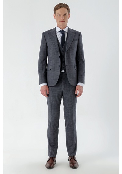 Morven Erkek Lacivert Poliviskon Trend Yelekli Ekoseli Slim Fit Sivri Yaka Takım Elbise 24mc001021200 Lacivert