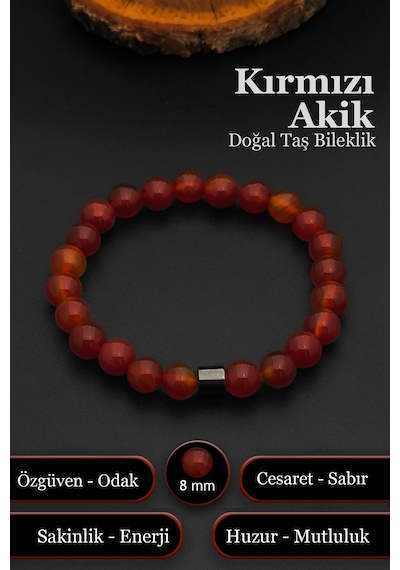 Doğal Taş Akik Bileklik Kadın Erkek Akik Bileklik 8 Mm Bt027 Kırmızı