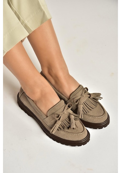 Fox Shoes Y996653002 Vizon Süet Püskül Detaylı Kadın Makosen Ayakkabı Vizon