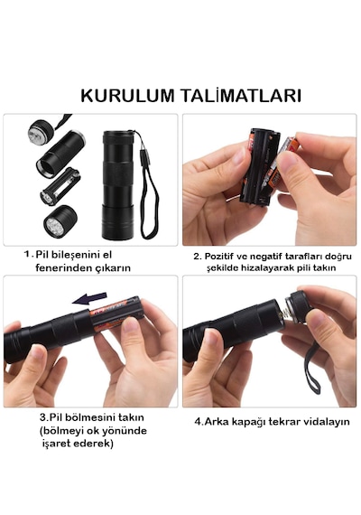 Ultraviyole Fener, Mor Işık Fener 12 Led , 395 Nm Uv Fener Siyah