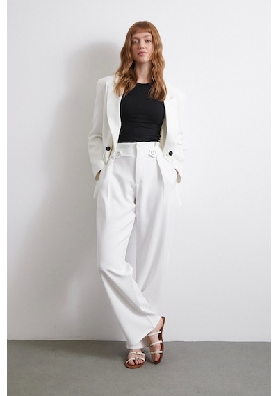 Never More Bel Detaylı Wide Leg Pantolon Ekru Ekru