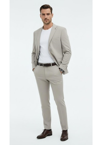 Erkek Slim Fit Mikro Dokulu Takım Elbise Çift Düğmeli Modern Kesim Gri
