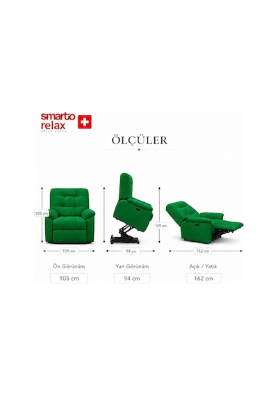Smarto Relax Porto Liftli Çift Motorlu Elektrikli Ayağa Kalkma Destekli Polyester Hasta Ve Baba Tv Koltuğu Yeşil