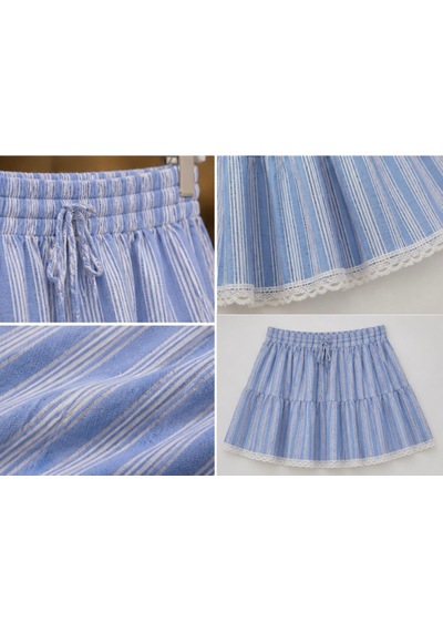Mavi Çizgili Katlı Mini Etek - Dantel Detaylı - Mavi - L - St01223-mavi-l