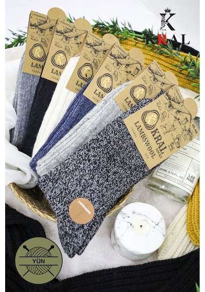 Kral Socks Erkek Kışlık 6 Çift Lambswool Yün Çorap Termal Etkili Ebruli Asorti