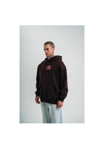 Erkek Nakışlı Kapüşonlu Oversize 3 İplik Pamuklu Sweatshirt Hoodie - Siyah Kahve