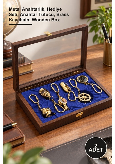 2 Adet Ahşap Kutulu Pirinç Anahtarlık Seti Metal Anahtarlık, Hediye Seti, Anahtar Tutucu, Brass Keychain, Wooden Box