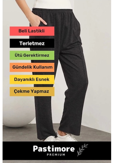 Yeni Sezon Terletmez Rahat Kalıp Beli Lastikli Bol Paça Salaş Yandan Cepli Ecrin Yünlü Pantolon Siyah