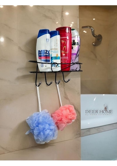 Paslanmaz Siyah Kendinden Yapışkanlı Banyo Düzenleyici Şampuan Duş Jeli Banyo Lif Askılı Raf Siyah
