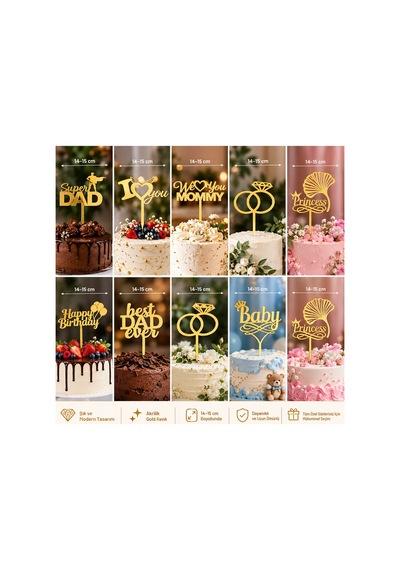 Gümüş-gold Renk Seçenekli Akrilik Pasta Süsü 10 Model Seçenekli 14-15 Cm Doğum Günü Nişan Düğün Baby Shower Pasta Dekoru