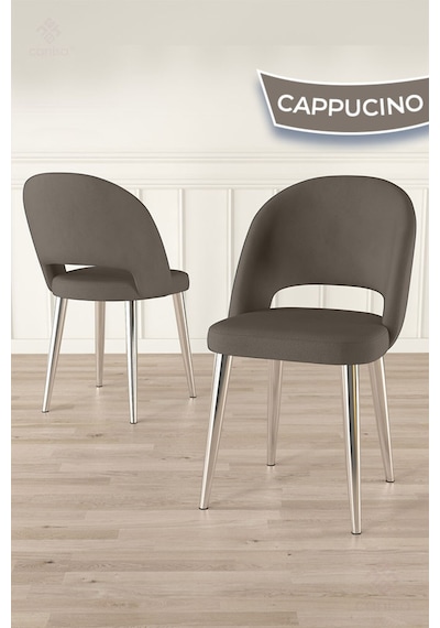 Canisa Pane Serisi 4 Adet Cappucino Mutfak Sandalyesi Krom Kaplama Metal Ayak 1. Sınıf Babyface Kumaş Cappucino Sandalye Krom Ayak