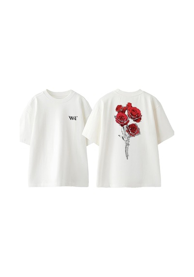 Thewert Dikenli Telli Gul Tasarım Sırt Baskılı Pamuk Beyaz Oversize T-shirt