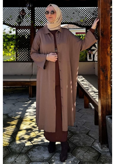 Rabia Şamlı Panço Triko Hırka Sütlü Kahve Normal