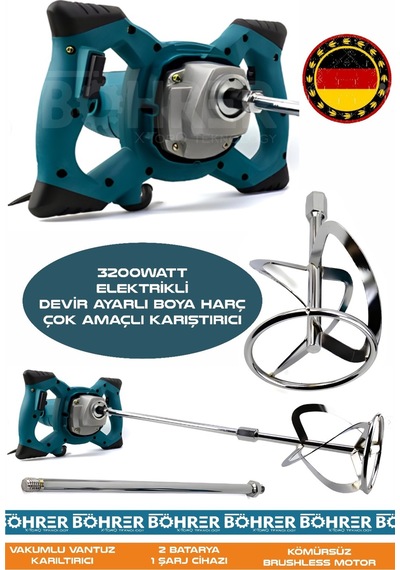 Böhrer Hb0403t Alman 3200w Devir Ayarlı Çift Şanzıman Yeni Nesil Elektrikli Boya Harç Çok Amaçlı Mavi Karıştırıcı