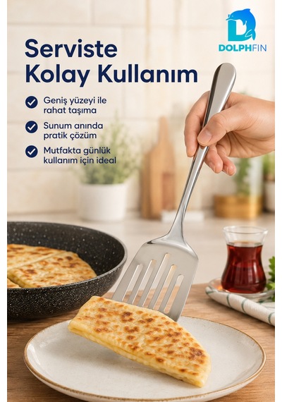 26 Cm Paslanmaz Çelik Delikli Servis Spatulası Uzun Saplı Geniş Yüzeyli Gümüş