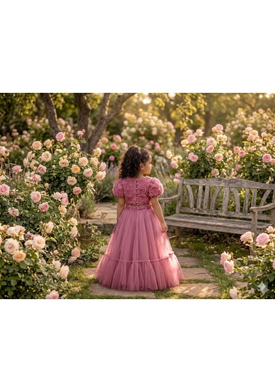 Star Kids Fashion Kız Çoçuk Gül Detaylı Crop Elbise, Kız Çocuk Mezuniyet Elbise Gülkurusu