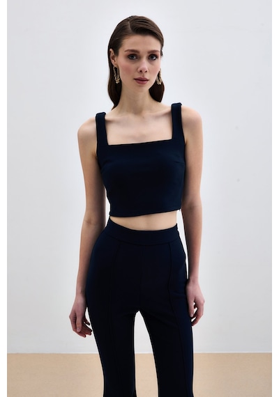 Sateen Kare Yaka Crop Bluz - Lacivert-135612 Lacivert