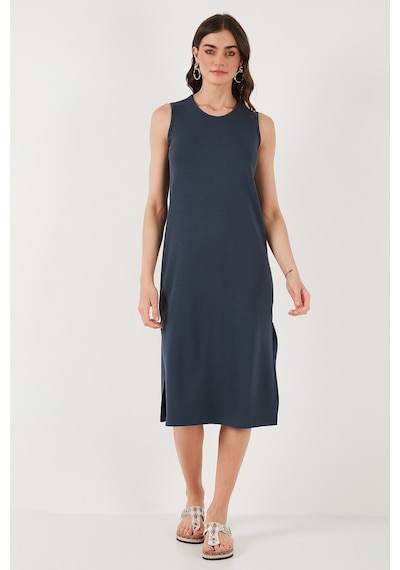 Lela Regular Fit Bisiklet Yaka Yırtmaç Detaylı Basic Midi Bayan Elbise 5866160 Füme