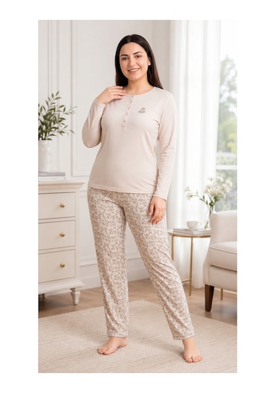Flz Kadın Kışlık Viskon Pijama Takımı M L Xl Xxl Uzun Kollu Boydan Düğmeli Şık Ev Giyimı B89-100 SOMON