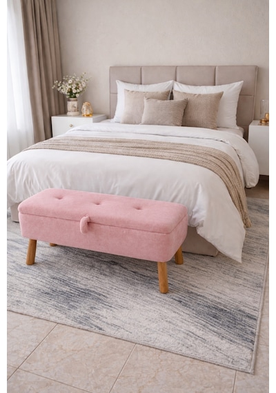 Yatak Önü Sandıklı Puf,ve Giyinme Odası,puf Bench, Pembe Peluş Kumaş Patlıcan Ayak Sandıklı Pembe