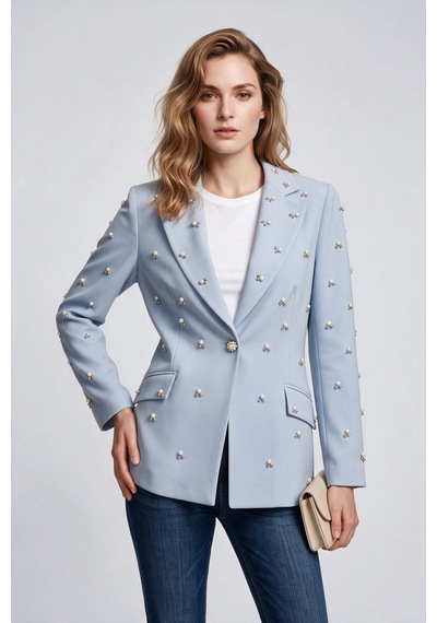Clio Novier Kadın Çentikli Yaka İnci İşlemeli Uzun Kollu Blazer Ceket 25y2252 Mavi