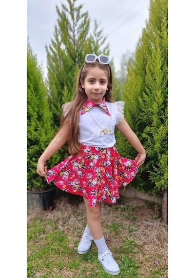 MODAVALS DANTELLİ KOLYELİ ÇİÇEK DESENLİ KIZ ÇOCUK ETEKLİ KOMBİN - KIRMIZI Çok Renkli
