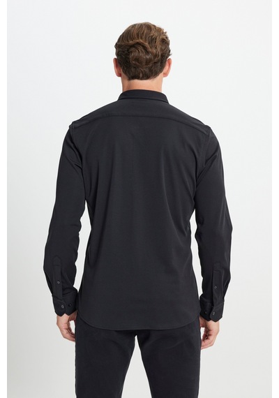 Erkek Sıyah Comfort Fit Geniş Kesim Düğmeli Yaka Pamuklu Gömlek Siyah