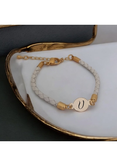 V Harfine Özel 14 Ayar Altın Plakalı Doğal Beyaz Derili Oval Motifli Hediye Bileklik-529harf V