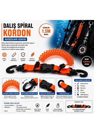 Dalış Spiral Kordon Emniyet İpi Karabinalı Aksesusar Askısı Turuncu Siyah - Turuncu