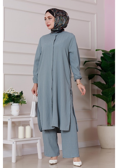 Sevitli Yırtmaç Detaylı Tunik Pantolon Takım-gri-4866