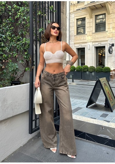 Kene Jeans Kadın Kahve Tintli Yüksek Bel Bol Paça Kot Pantolon Kahverengi